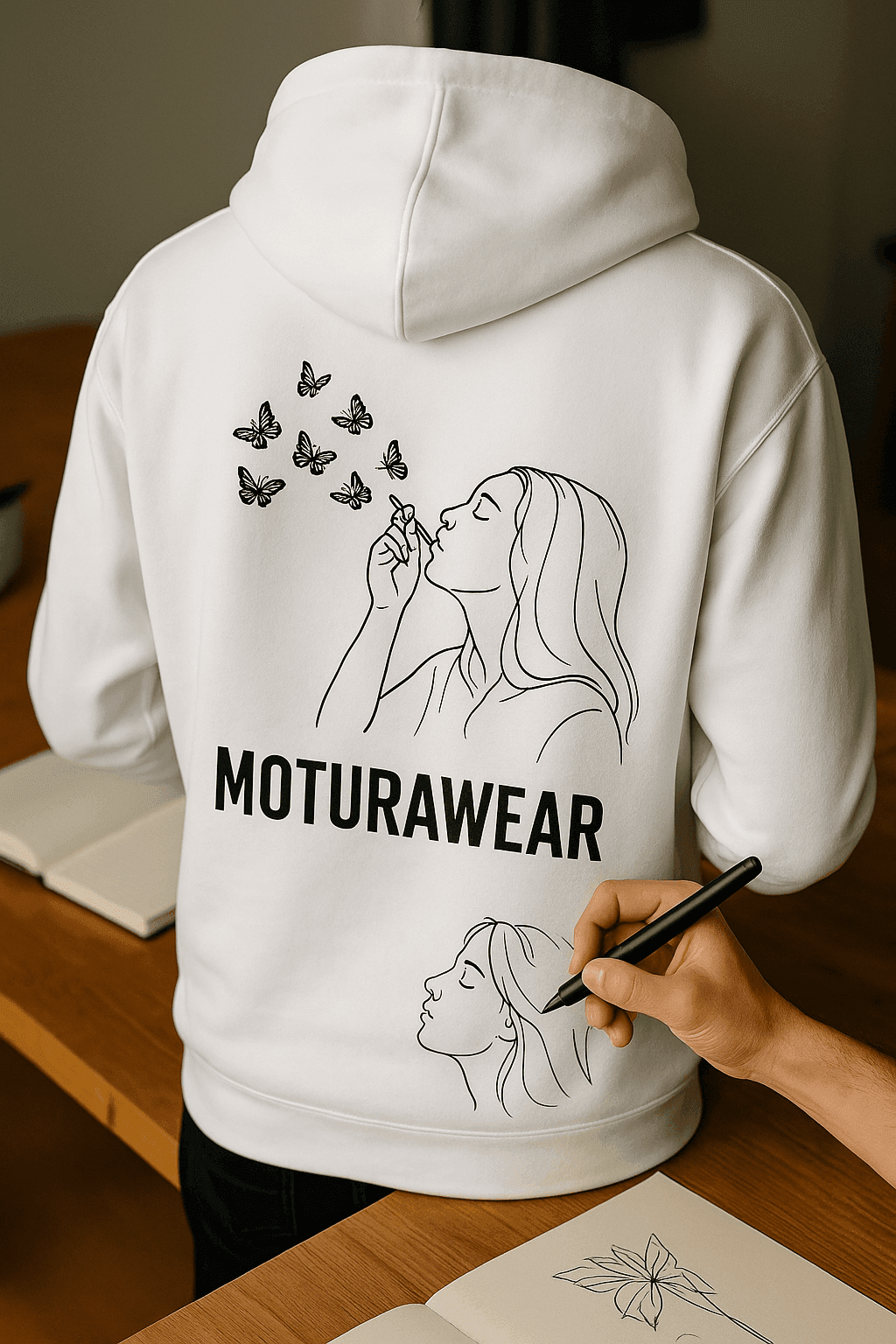 Person wearing a white MoturaWear hoodie featuring a black line-art graphic of a woman blowing butterflies, being hand-drawn in a creative studio setting aith sketchbooks and design materials.