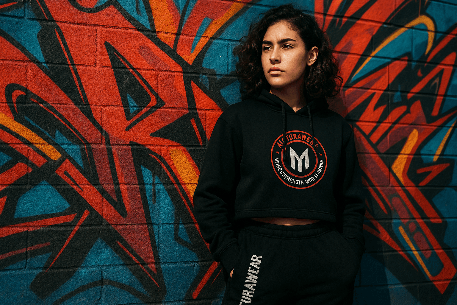 Young woman in black MoturaWear cropped hoodie and joggers standing confidently in front of a colorful graffiti wall, showcasing urban streetwear style.