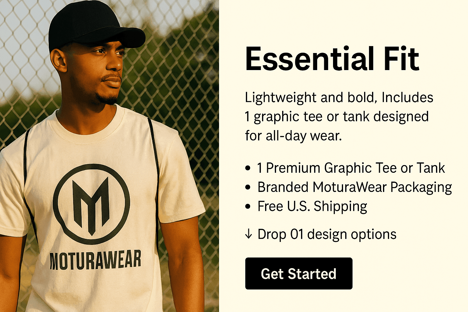 "Young man in a MoturaWear graphic tee standing confidently by a city court fence, embodying bold urban style."