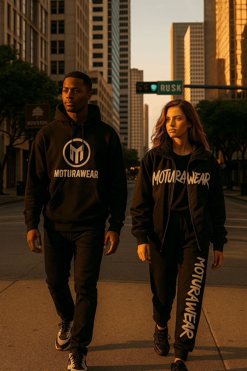 Two young models walk confidently through downtown Houston at golden hour, both wearing bold black 1oturaWear outfits. The man wears a branded hoodie with the Motura "MA" logo, while the woman sports a matching jacket and joggers with "MOTURAWEAR" written vertically. Urban high-rise buildings and a "Rusk" street sign complete the gritty lifestyle backdrop.